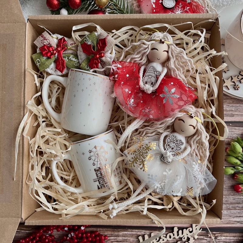 Świąteczny Zestaw Prezentowy - 2 Kubki i 2 Aniołki - złoty