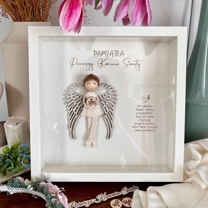 Anioł Stróż - ramka z szybką, pamiątka Pierwszej Komunii Świętej dla chłopca